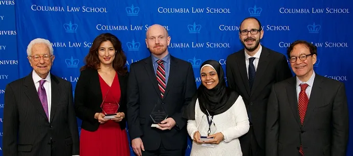 The 2015 Rising Stars of Corporate Governance Awards recipients From second on the left, Meryam Omi (Legal & General Investment Management), Richard Fields (Tapestry Networks), and Nermeen Shehata (The American University in Cairo).  Pictured with Ira Millstein '49, Marcel Bucsescu, and Professor Jeffrey Gordon Not Pictured: Ahmed Abdel-Meguid (The American University in Cairo)